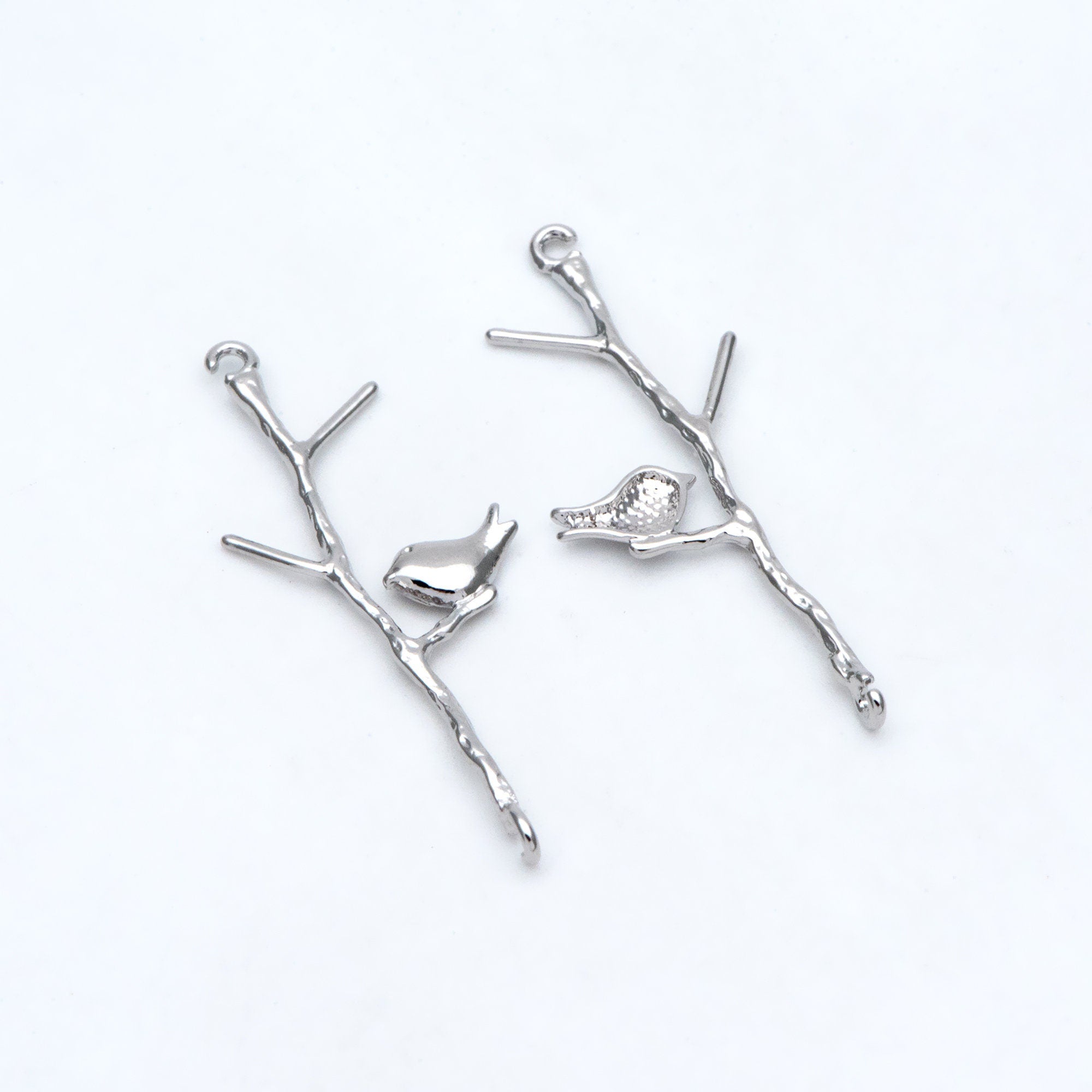 10pcs Gold/ Silver Tone Bird on Tree Pendants 33x12mm, Gold/ Rhodium plated Brass Branch Connectors, Leaf Charms with Two Loops (GB-3622-C)